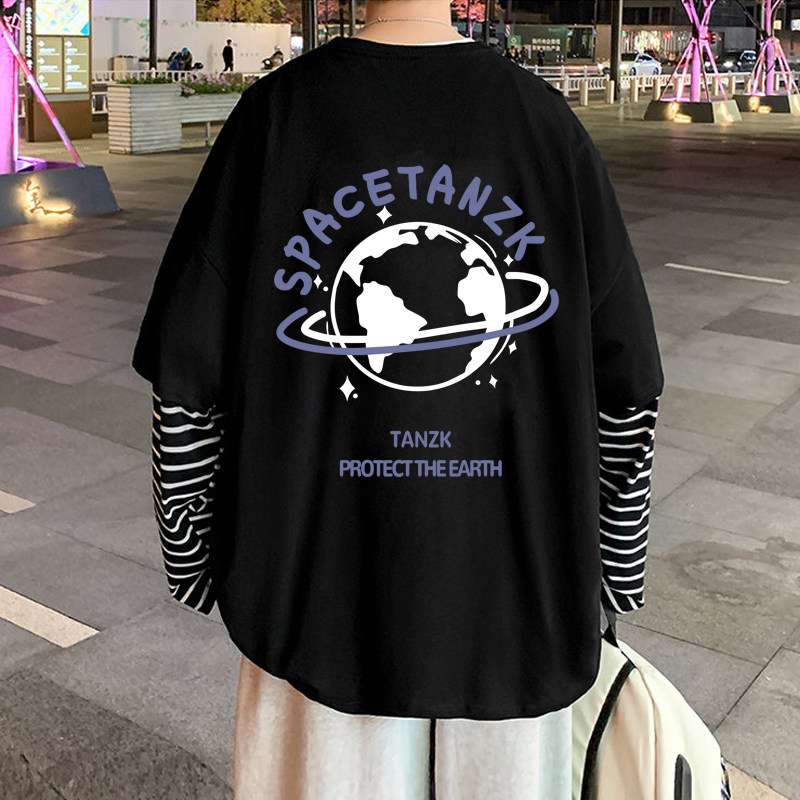 春秋季纯棉长袖t恤小衫假两件青少年男高中生秋天上衣服宽松潮牌