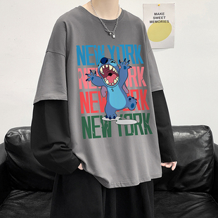 春夏季青少年男生长袖t恤男潮牌高中初中学生上衣纯棉假两件薄款