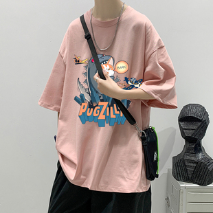 夏季青少年粉色短袖t恤男生高中初中学生纯棉胖子加肥加大码夏天