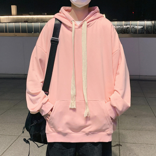 春秋季粉色连帽卫衣男纯色青少年高中初中学生上衣服纯棉带帽薄款