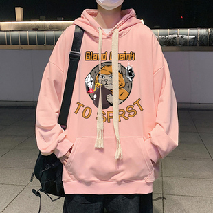冬季青少年男生加绒粉色连帽卫衣男戴帽子高中初中学生加厚秋冬款