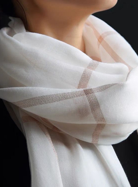 全新文艺少女感纯白绵柔棉麻丝巾白色金丝闪闪格子围巾丝巾披巾女