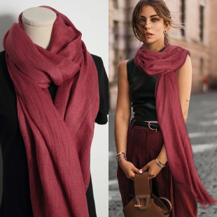 特惠纯色百搭春夏秋冬款棉麻围巾大尺寸铁锈红披肩长款褶皱丝巾女
