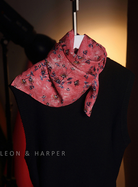 法式浪漫小众高品质纯棉石榴红碎花小方巾围巾领巾头巾女百搭时尚