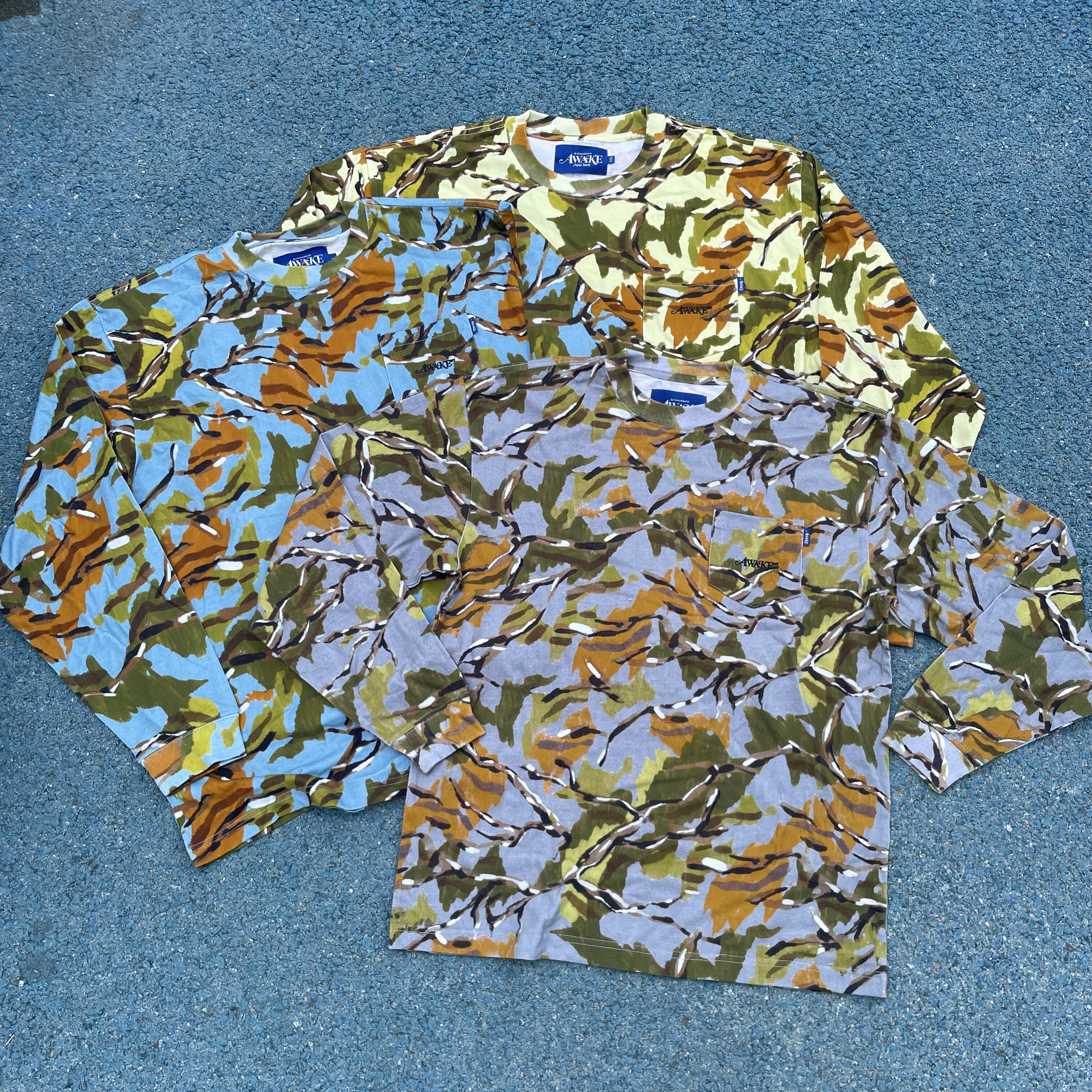 原男新款美式街头潮牌AWKNY纯棉水洗复古迷彩印花宽松滑板长袖T恤
