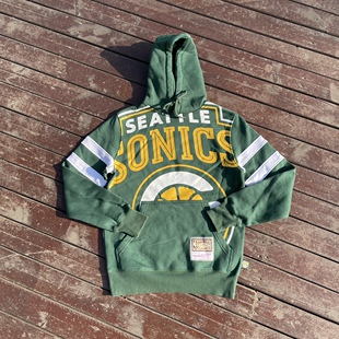 原美式篮球街头潮牌复古超音速队80棉加绒绿色大印花宽松帽衫卫衣