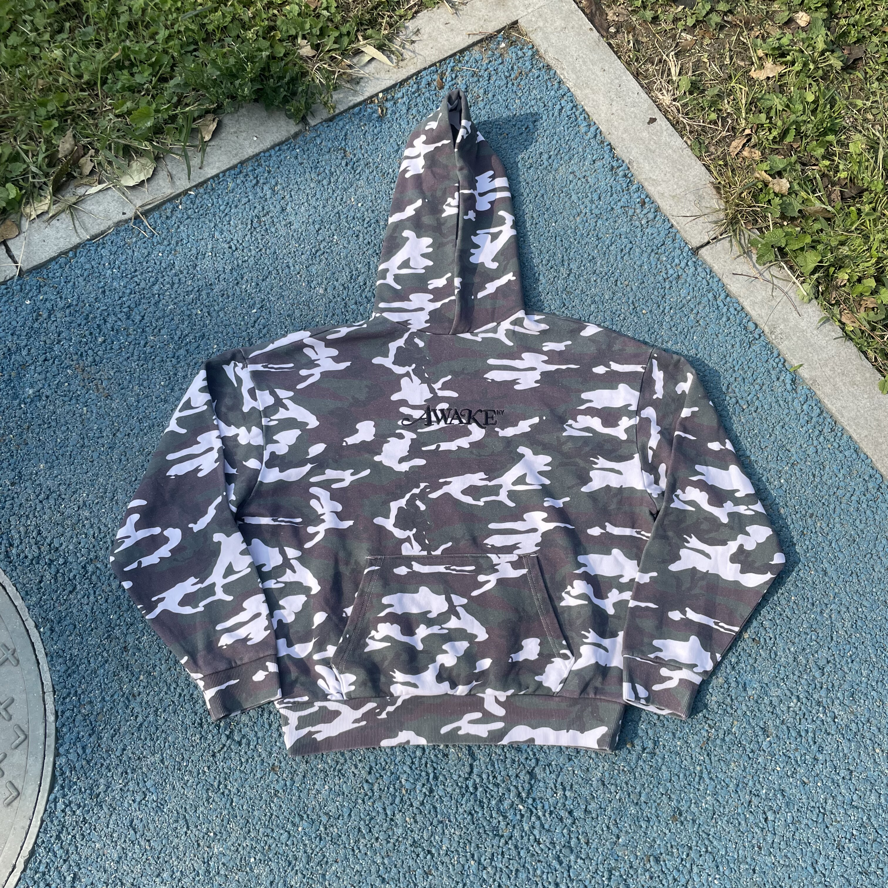 原D新款美式街头潮牌AWKNY纯棉水洗加绒复古宽松迷彩滑板卫衣帽衫