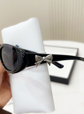 女款蝴蝶结太阳镜防紫外线墨镜高级感大脸圆脸复古黑框茶色眼镜