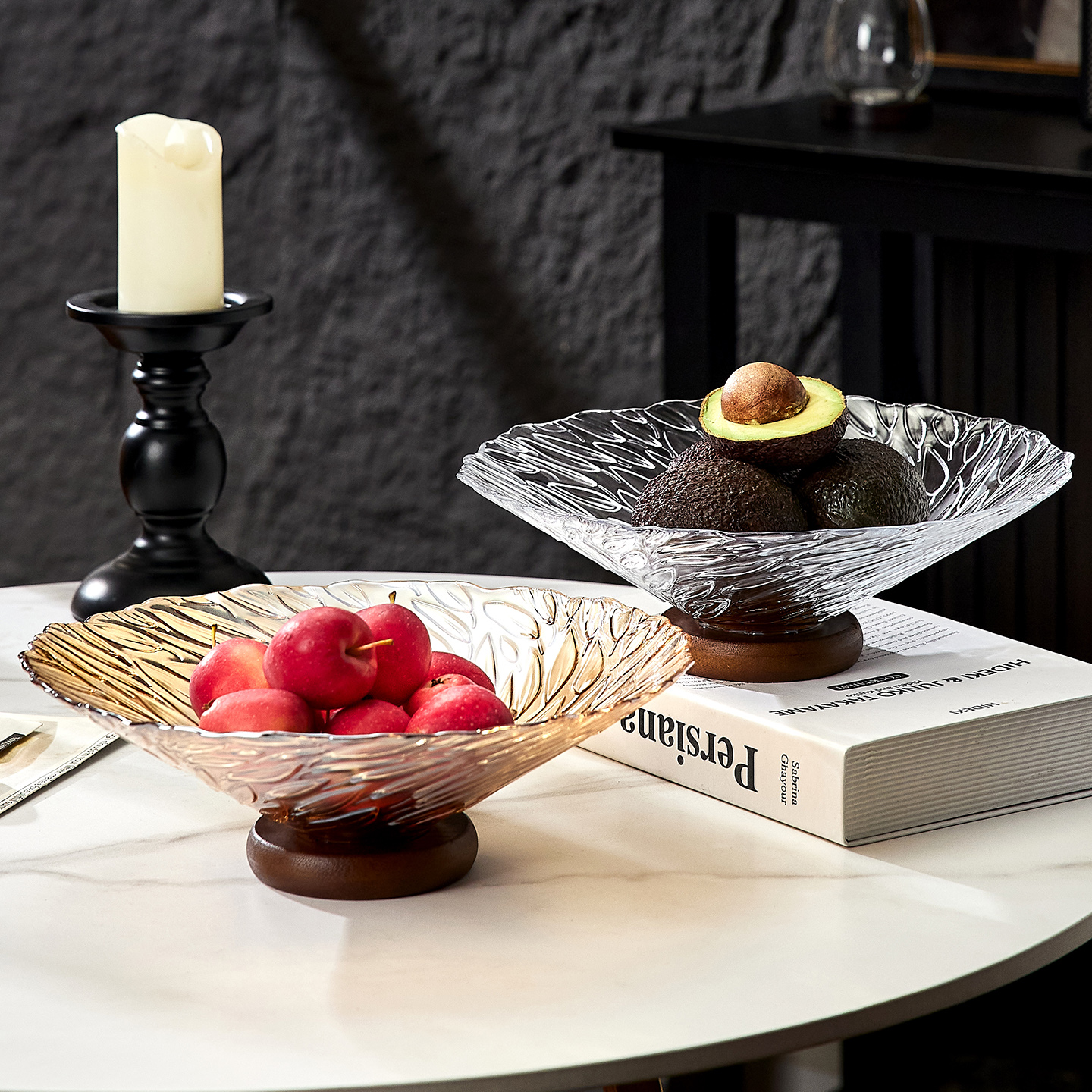 新中式家用水果盘客厅实木精致干果盘高级玻璃零食坚果盘茶几摆件