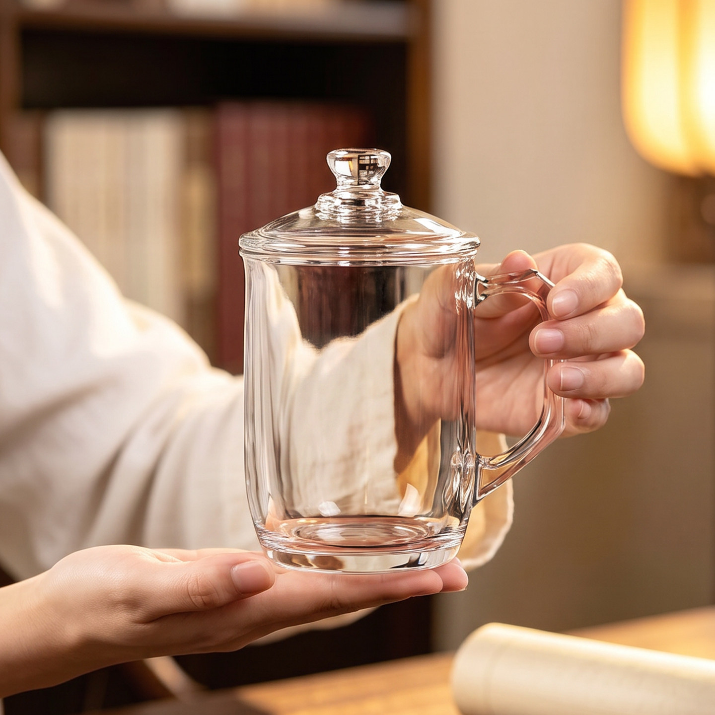 青苹果带盖玻璃水杯办公室耐热泡茶杯带把手待客家用喝水杯子套装图片
