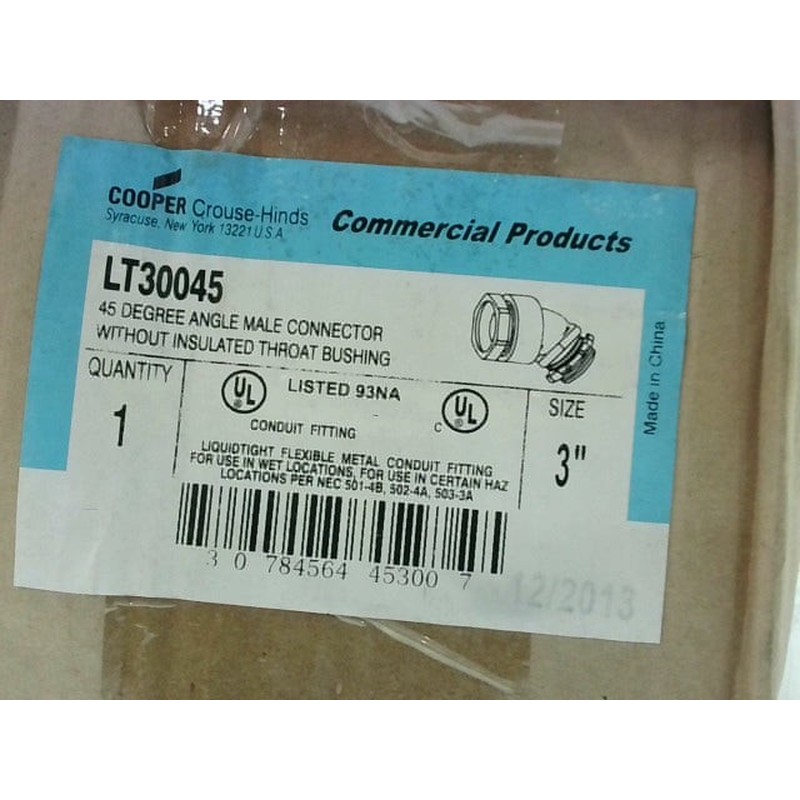 Crouse Hinds LT30045 3 英寸 45 度液体紧接头公头连接器 - 全新