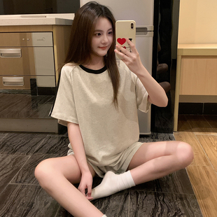夏季新款短袖短裤纯棉套装睡衣少女甜美卡通可外穿圆领套头家居服