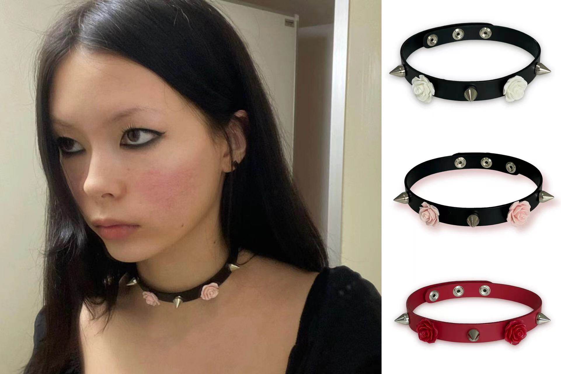韩国守渊同款玫瑰铆钉真皮choker花朵铆钉项链项圈辣妹音乐节