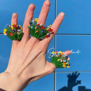 ins同款纯手工艺术家创意手工串珠彩色花簇花朵戒指多巴胺花束
