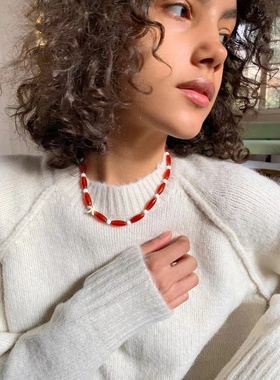 红玛瑙舞步海星手工串珠项链waki同款小众ins项链