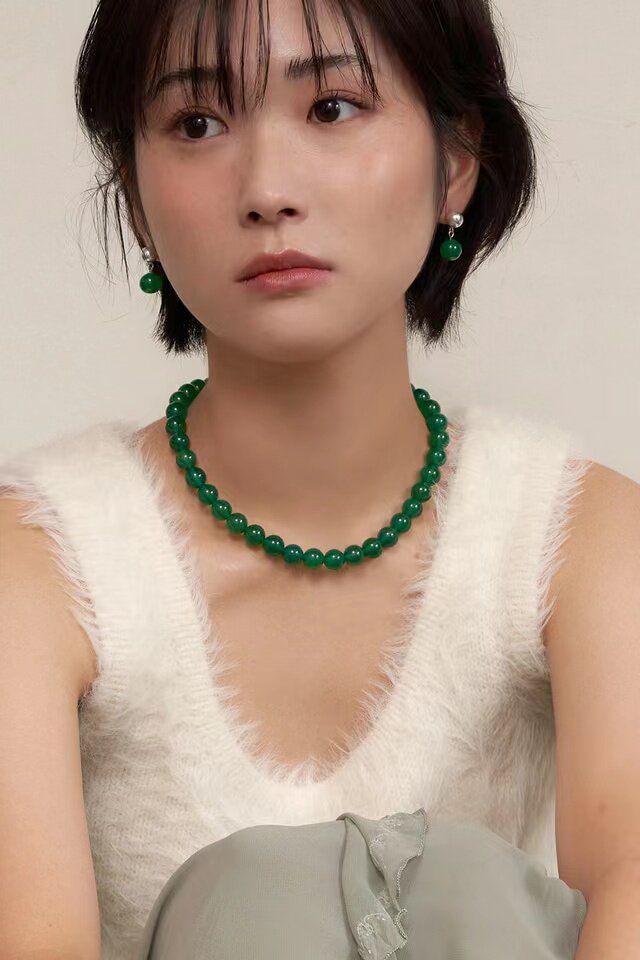 gee中式翡翠绿色项链纯银耳环