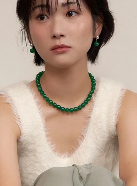 设计师同款gee翡翠绿色天然石耳环项链新中式高级锁骨链纯银耳环