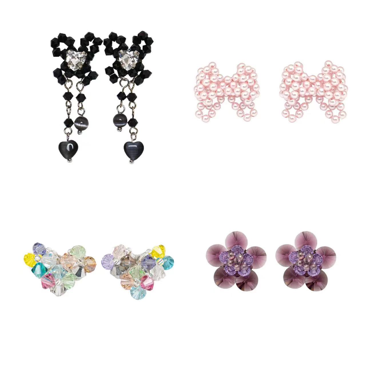 甜美水晶珍珠爱心蝴蝶结串珠耳环