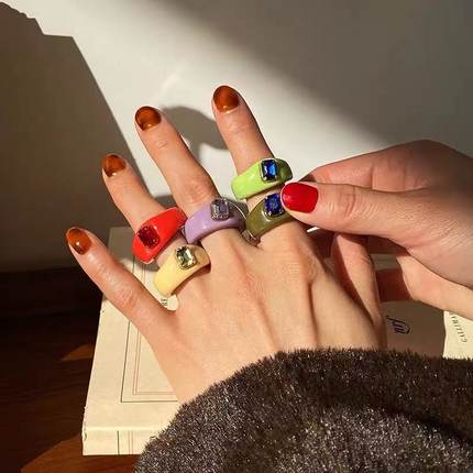 买2送1！ylyl新款创意糖果色小众设计指环简约个性戒指树脂宝石