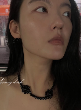 设计师款手工黑玛瑙珍珠贝珠夸张花朵项链冷淡风气质锁骨链