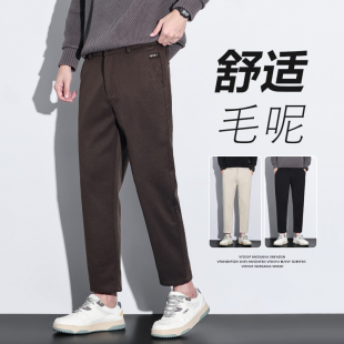 加厚款 秋冬季 男士 子 直筒百搭毛呢小西褲 男生九分褲 修身 輕奢休閑褲