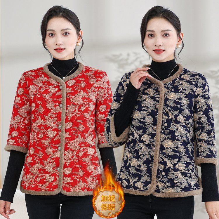 妈妈装加绒中袖棉衣秋冬季居家洋气半袖马甲中老年女夹棉保暖棉袄