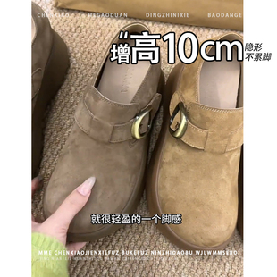隐形内增高10CM！小个子圆头绒面勃肯鞋2025秋冬新款一字扣单鞋女