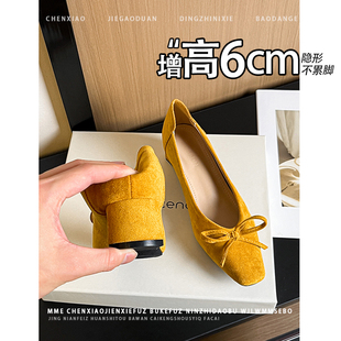 不累脚！内增高6CM蝴蝶结方头玛丽珍单鞋2026新款一脚蹬高跟鞋女