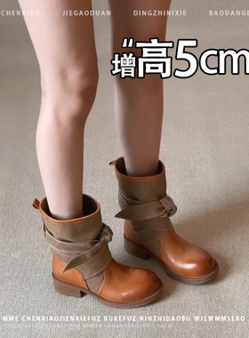 不累脚！内增高5CM圆头绑带马丁靴子2026冬季新款粗跟短筒靴子女
