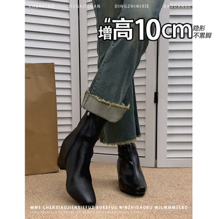 内增高10CM！不累脚小个子方头短靴女2025冬新款黑色侧拉链瘦瘦靴