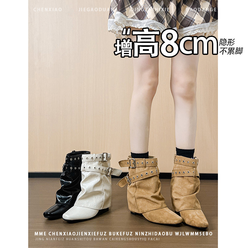 不累脚!内增高8CM显瘦绒面靴子2026年秋季裤管靴皮带扣短筒靴女