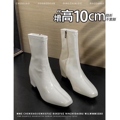 内增高10CM!不累脚法式方头亮面靴子女2025冬季新款侧拉链中筒靴
