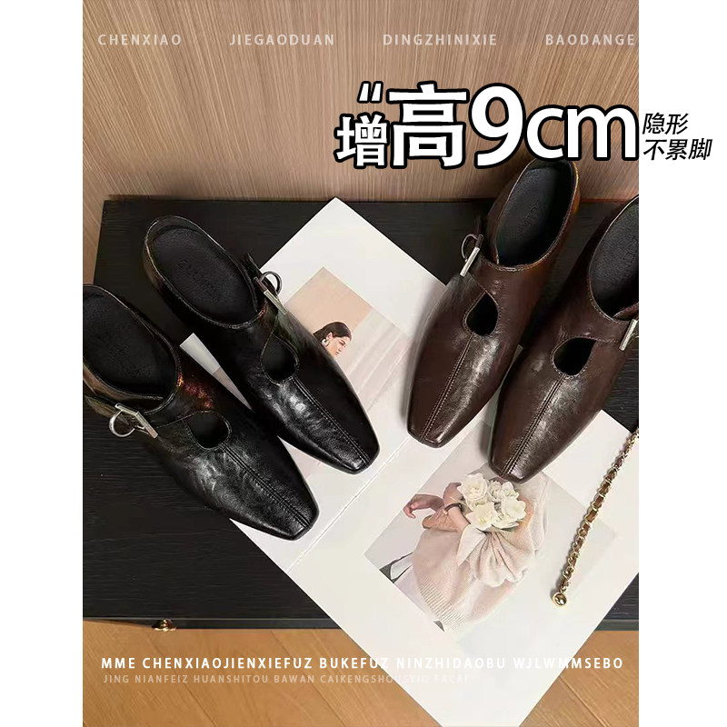 不累脚!内增高9cm方头时装靴女2026通勤风皮带扣短靴百搭小皮鞋