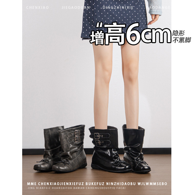 不累脚!内增高6CM芭蕾风蝴蝶结堆堆靴子2026年冬季方头短筒靴女
