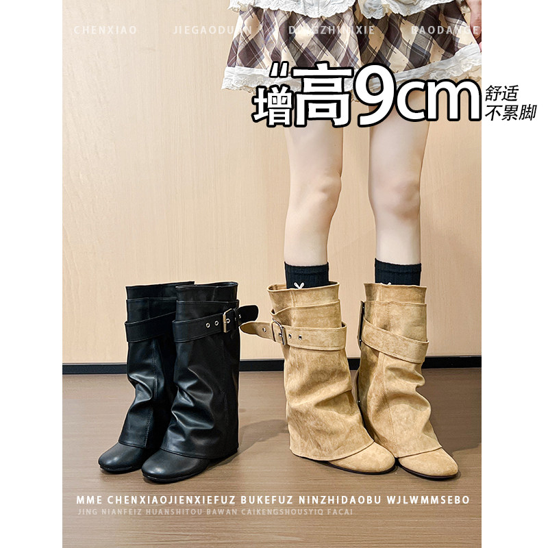 不累脚!增高9CM粗跟靴子可两穿骑士靴子2026年秋季圆头中筒靴女