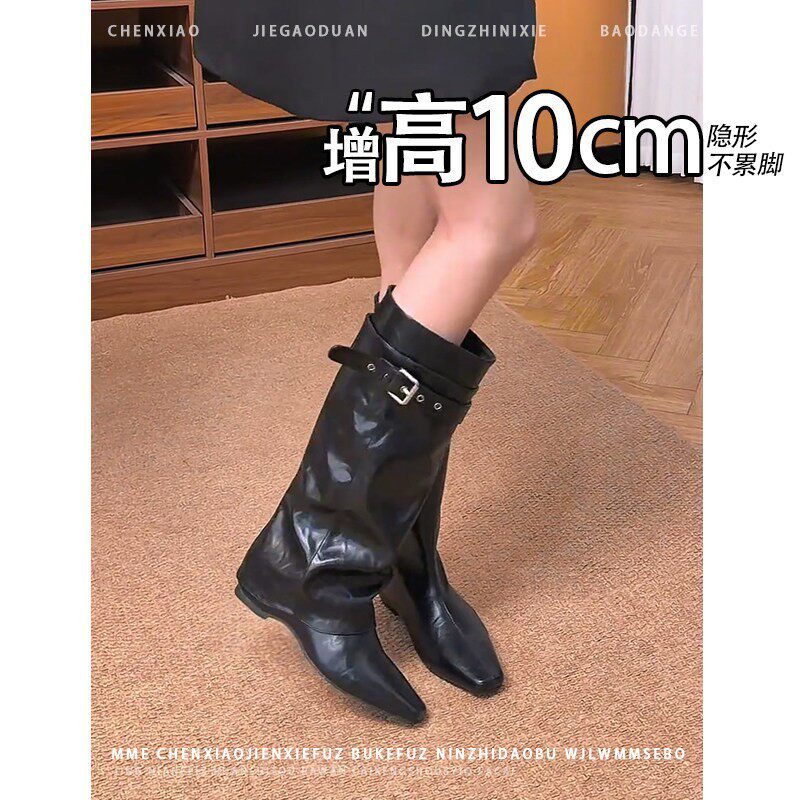不累脚!内增高10CM黑色皮带扣高筒靴女2026冬新款方头骑士时装靴