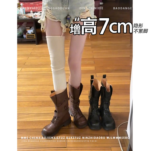 不累脚！隐形内增高7CM马丁靴2026秋新款复古皮带扣机车靴短靴女