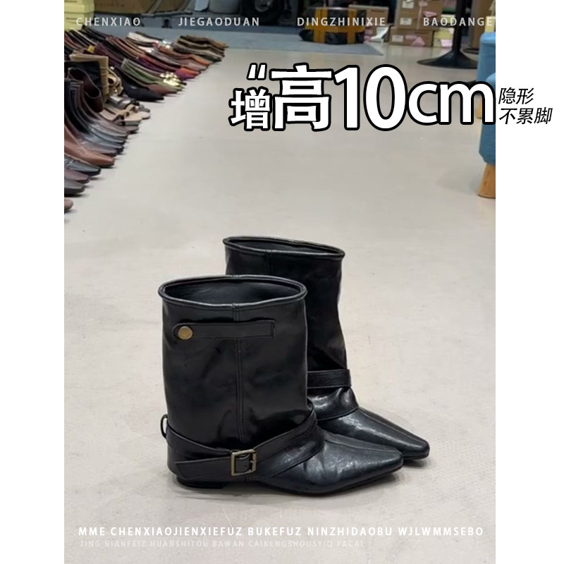 不累脚!小个子内增高10CM方头裤管靴2026年冬季皮带扣短筒靴女