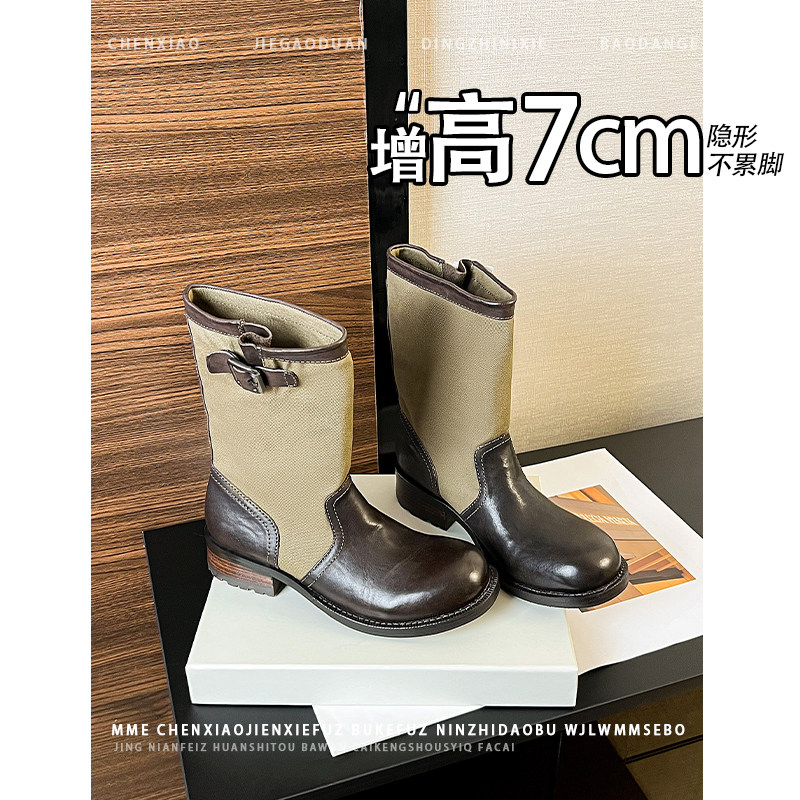 不累脚!内增高7CM圆头粗跟靴子2026秋冬新款百搭皮带扣中筒靴女
