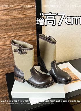 不累脚！内增高7CM圆头粗跟靴子2026秋冬新款百搭皮带扣中筒靴女
