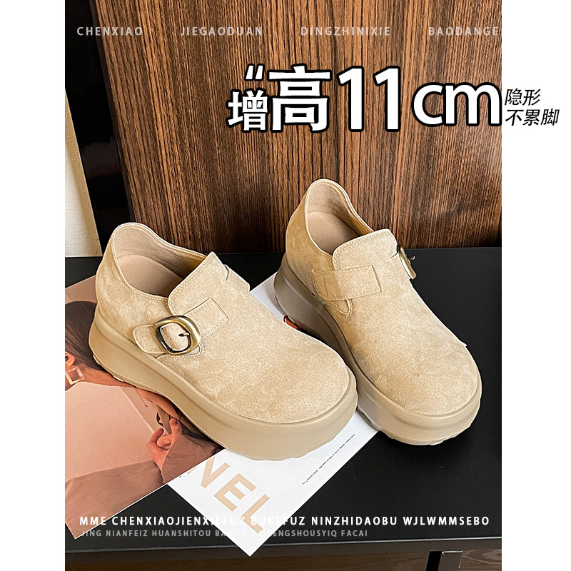 隐形内增高11CM！小个子圆头绒面勃肯鞋2026早春不累脚深口单鞋女