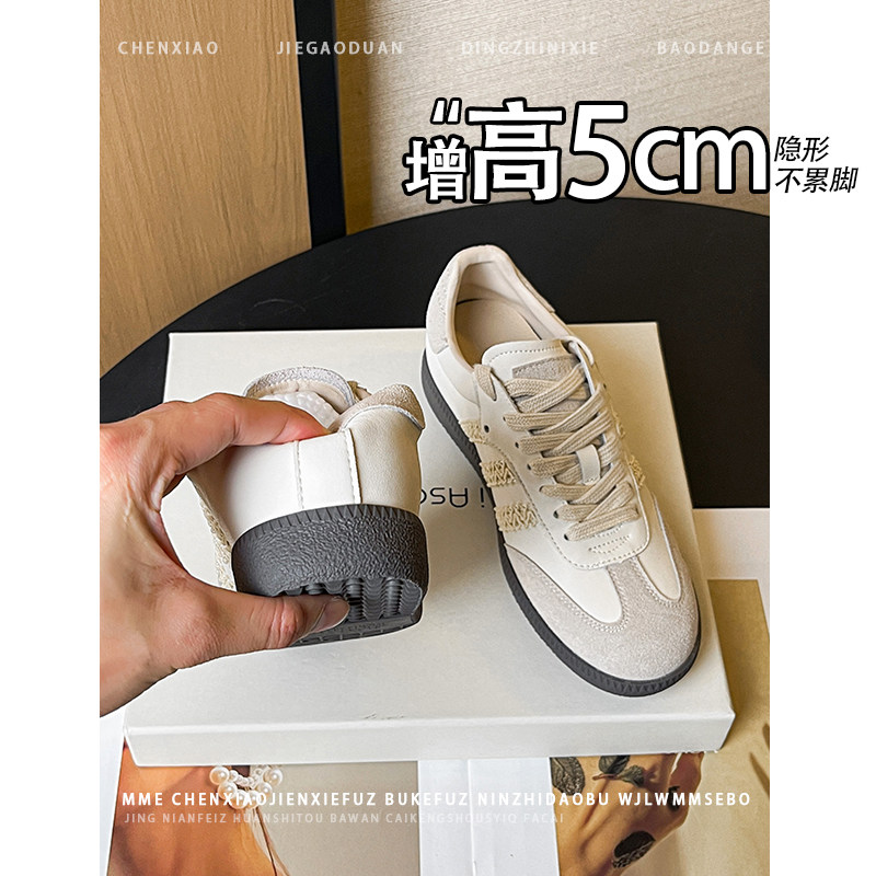 不累脚！隐形内增高5CM圆头绒面德训鞋2026春新款系带深口女鞋