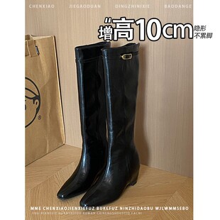 内增高10CM！小个子方头猫跟靴子2025冬新款不累脚后拉链中筒靴女