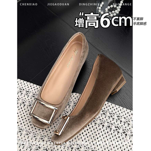 小个子内增高6CM2026秋冬季新款方头浅口绒面单鞋女软底豆豆鞋女
