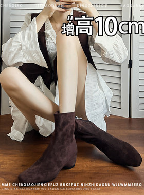 不累脚小个子内增高10CM法式方头靴绒面瘦瘦靴2026秋冬新款短靴女