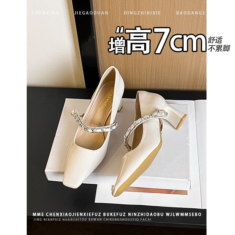 不累脚！增高7cm方头水钻玛丽珍单鞋女2026春新款粗跟浅口高跟鞋