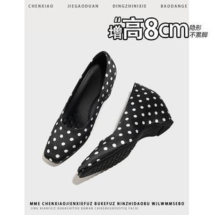 不累脚！内增高8CM黑色波点方头玛丽珍单鞋2026新款一脚蹬女鞋