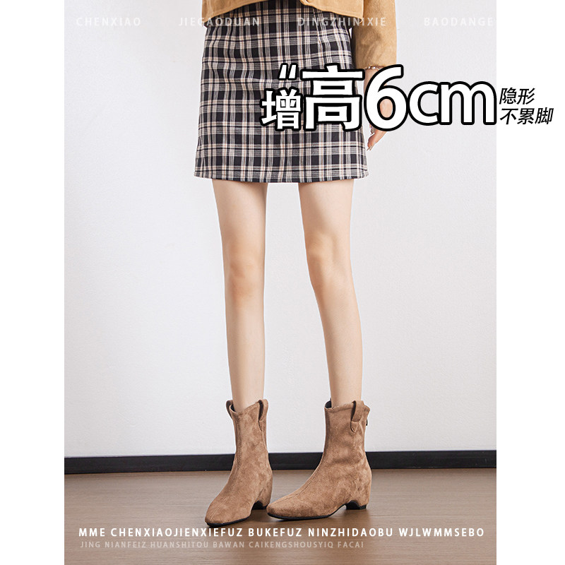 不累脚!内增高6CM尖头绒面及踝靴2026年冬季后拉链复古短筒靴女