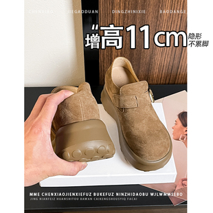 隐形内增高11CM！小个子圆头绒面勃肯鞋2026春季新款套脚单鞋女
