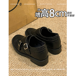 隐形内增高8CM！小个子圆头皮带扣小皮鞋2026春新款套脚单鞋女